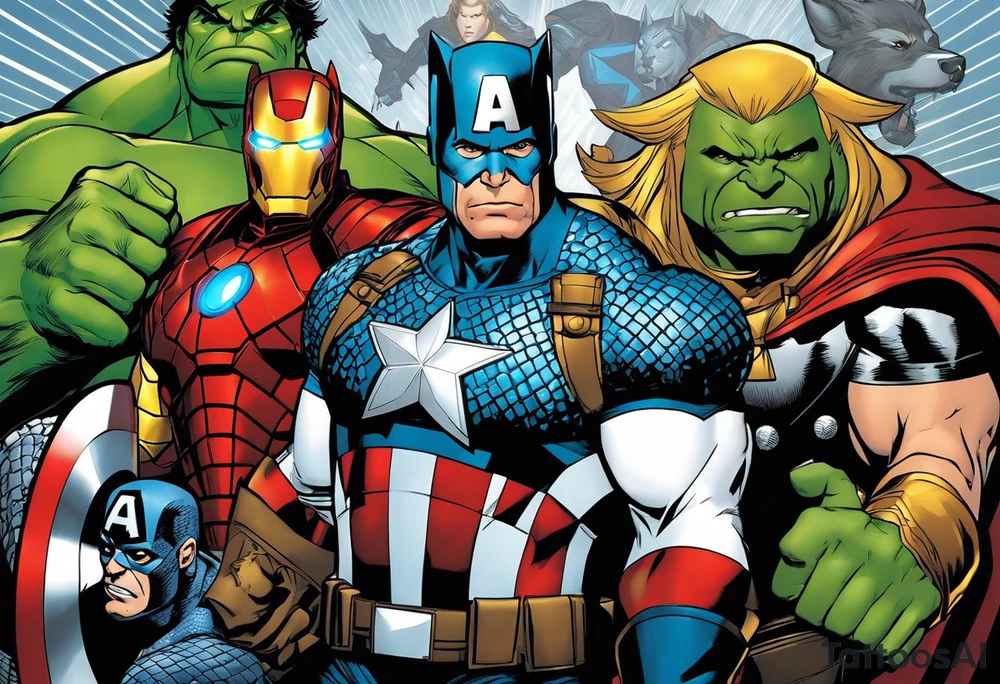 I want to change Avengers Team characters with animals. Hulk will be represented by a Badger.
Thor will be depicted as an Alpha Grey Wolf.
Captain America will be symbolized by a Bull.
Iron Man's character will be embodied by a Canary.
Black Widow's role will be portrayed by an Axolotl.
Hawkeye will be depicted as a Sudan Plated Lizard.
Nick Fury will be represented by a Cat. tattoo idea