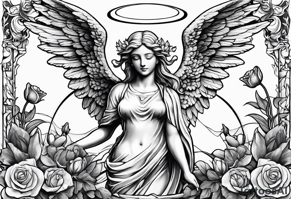 Angel statue stood on a rock with daffodils and roses wrapped around its legs tattoo idea