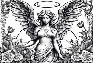 Angel statue stood on a rock with daffodils and roses wrapped around its legs tattoo idea