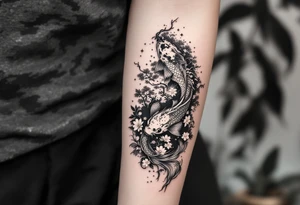 koi fish with a dragon 
with a sakura tree in the background, Japanese inspired piece tattoo idea