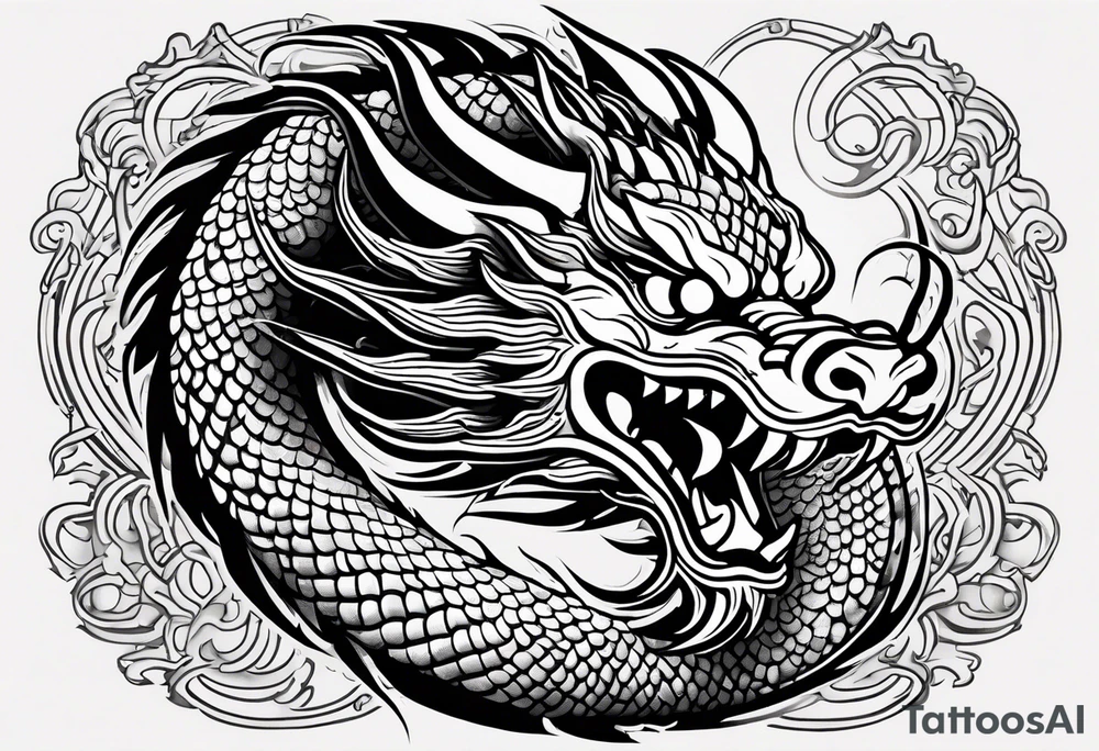A highly detailed black and white tattoo design of a traditional Chinese dragon, coiled elegantly as if wrapping around a calf. The dragon should have intricate scales, sharp claws, and a fierce expression with long whiskers and prominent horns. The dragon's head should be positioned to face directly forward, with its gaze fixed straight ahead as if looking directly at the viewer. The body should be long and serpentine, with a fluid and dynamic motion. Traditional Chinese cloud patterns or waves should be incorporated to enhance the sense of movement and energy. The design must be well-balanced, with precise shading to create depth, ensuring it's an ideal tattoo design without any background scenery or body parts depicted. tattoo idea