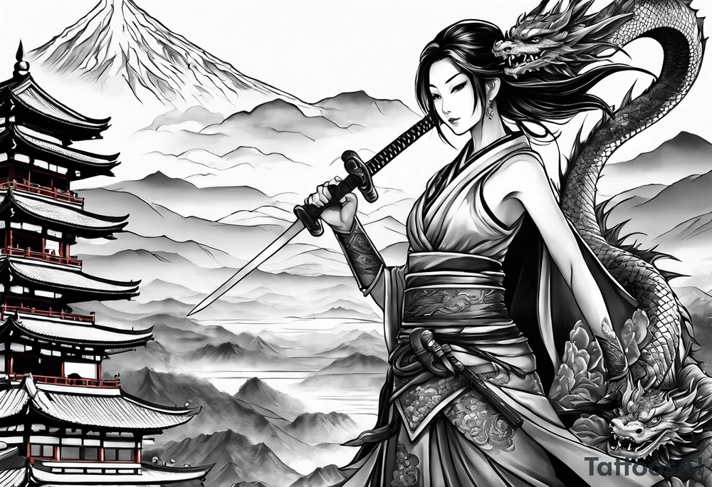 beautiful warrior fairy holding a sword and a dragon and the background will be mountains, clouds, and a Japanese building tattoo idea