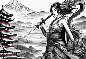 beautiful warrior fairy holding a sword and a dragon and the background will be mountains, clouds, and a Japanese building tattoo idea