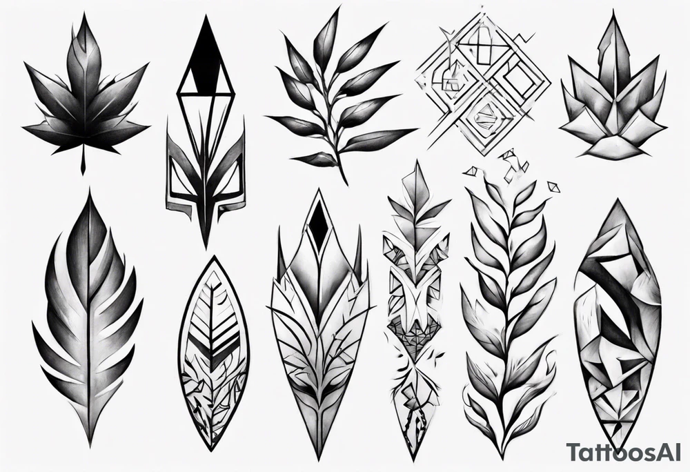 full arm. pointy leaves and geometric shapes tattoo idea