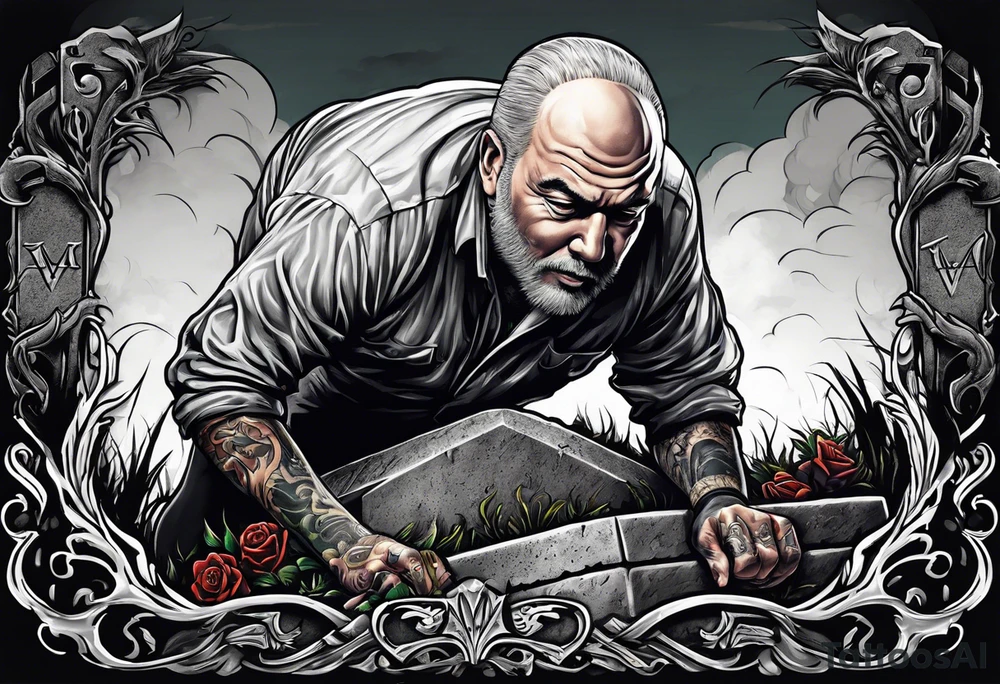 Man crawling out of grave. 
MIW Reincarnate written on gravestone tattoo idea