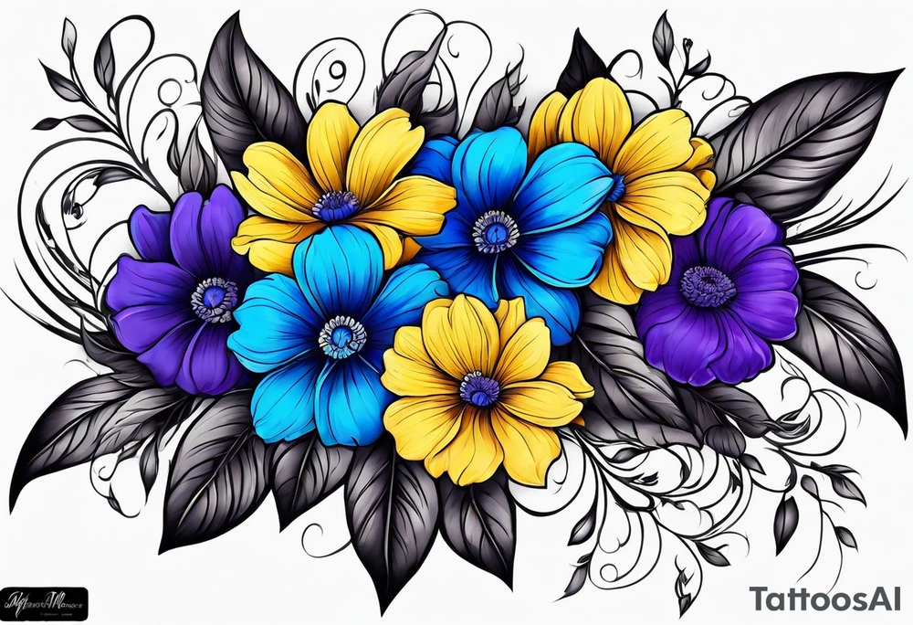 Blue yellow and purple flowers arm sleeve tattoo idea
