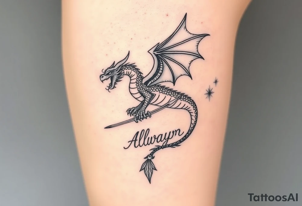 dragon volando en posición horizontal y jugando con las lineas naturales del cuerpo. Que se vea desde arriba.  Que se encuentre jugando con una espada y una tira de flores y que diga la palabra always tattoo idea
