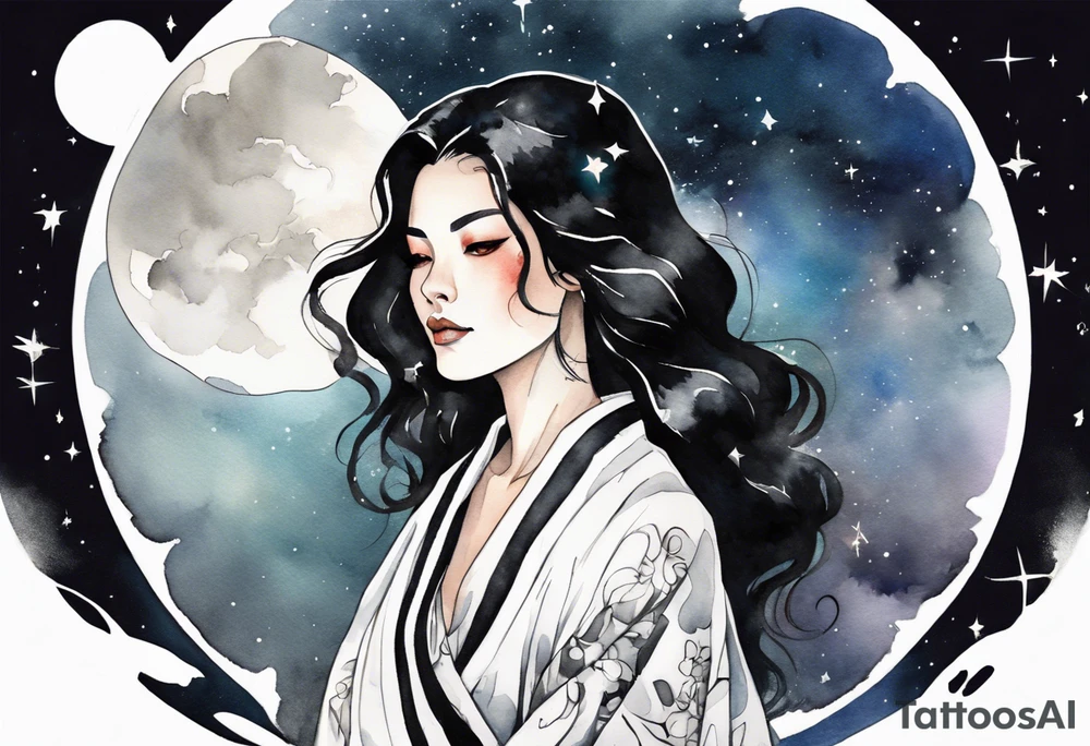 a beautiful black-haired middle-aged woman dressed in a black and white robe,  glowing in the night sky tattoo idea