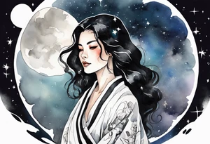 a beautiful black-haired middle-aged woman dressed in a black and white robe,  glowing in the night sky tattoo idea