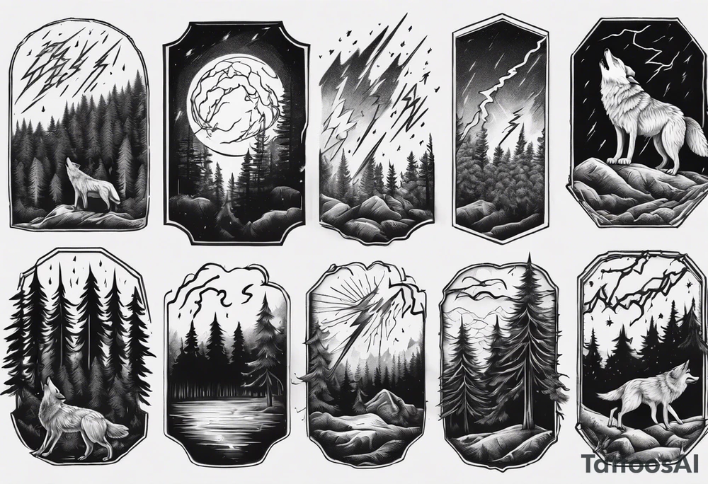 lightning storm over a forest with a distant wolf howling tattoo idea lightning storm over a forest with a distant wolf howling tattoo idea