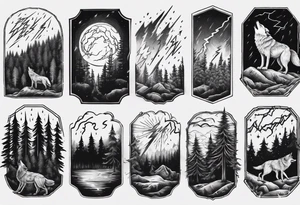 lightning storm over a forest with a distant wolf howling tattoo idea