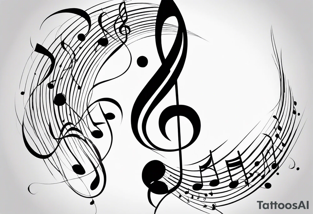 Minimalist line work tattoo, depicting musical
Notes and the letters “R” and “L” which symbolize Lainey and remi. tattoo idea