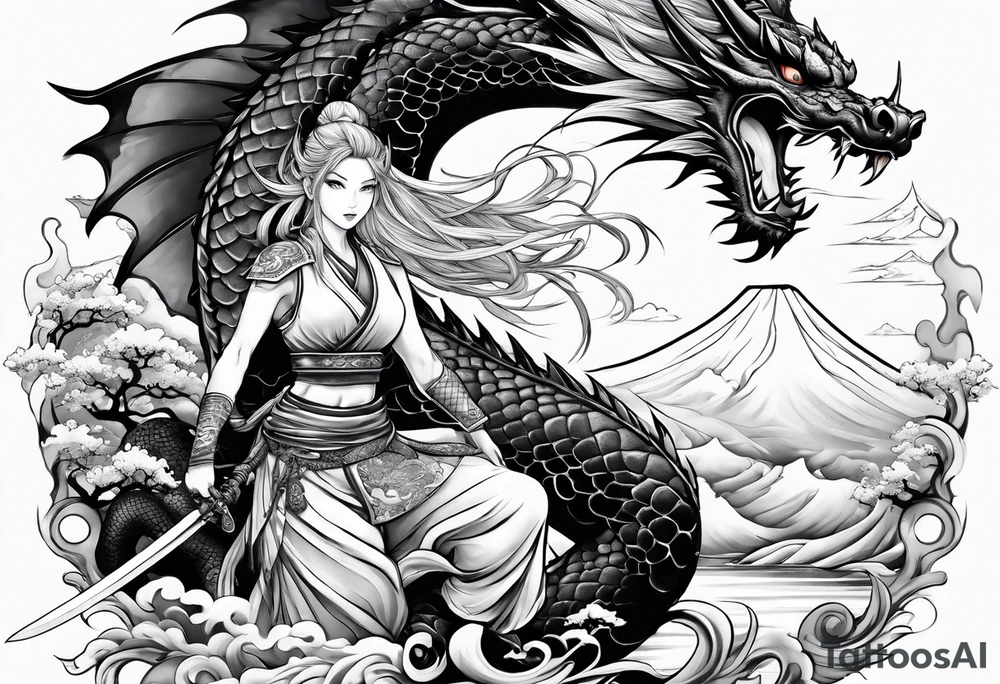 warrior beautiful fairy with a full body with a sword and a full dragon with a mountain with clouds and a Japanese building background tattoo idea