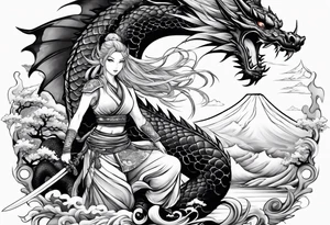 warrior beautiful fairy with a full body with a sword and a full dragon with a mountain with clouds and a Japanese building background tattoo idea