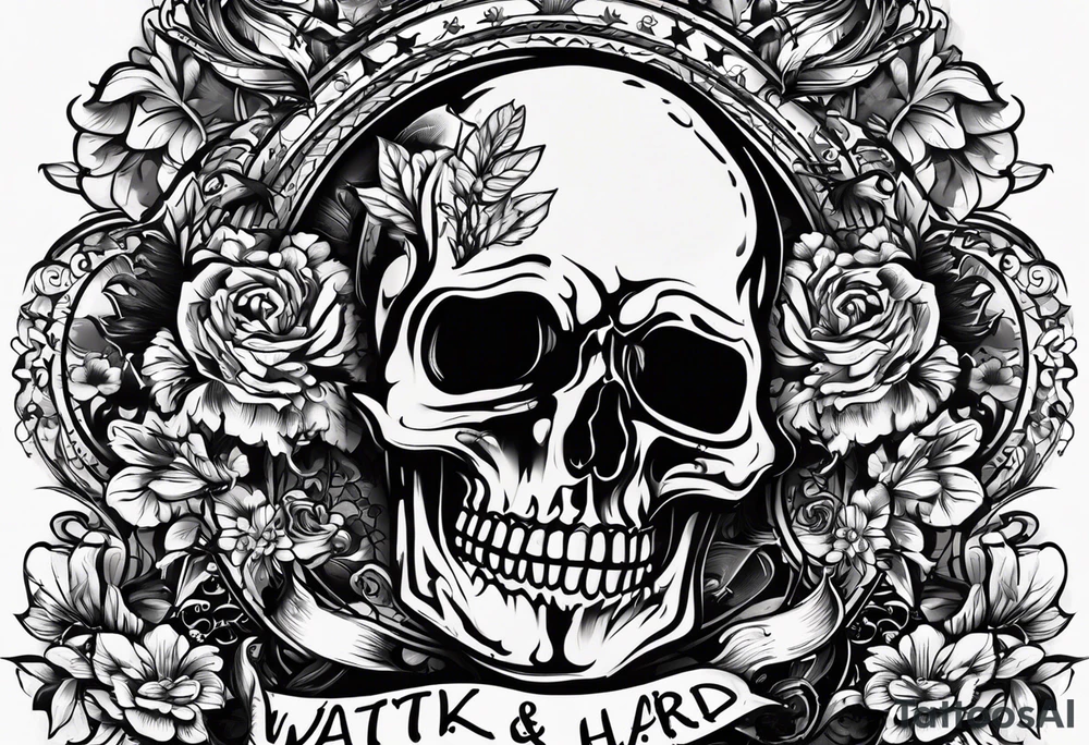 I want a tattoo with a skull design with the letters "work hard" at the top and the letters "play hard" at the bottom, in black only. tattoo idea