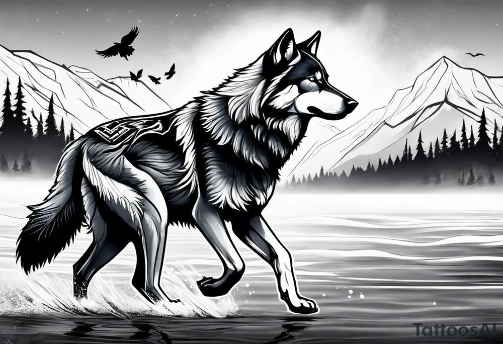 indian, wolf, feathers, water, nature tattoo idea