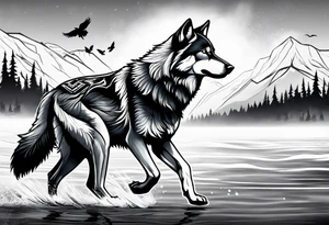 indian, wolf, feathers, water, nature tattoo idea