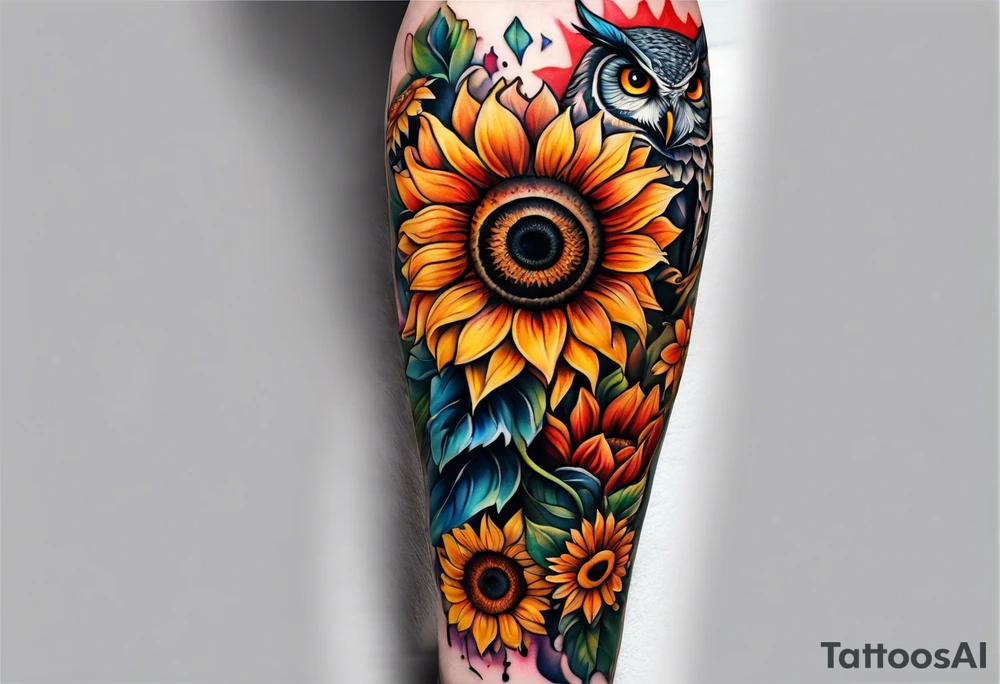 Leg sleeve with colorful sunflowers and an owl tattoo idea