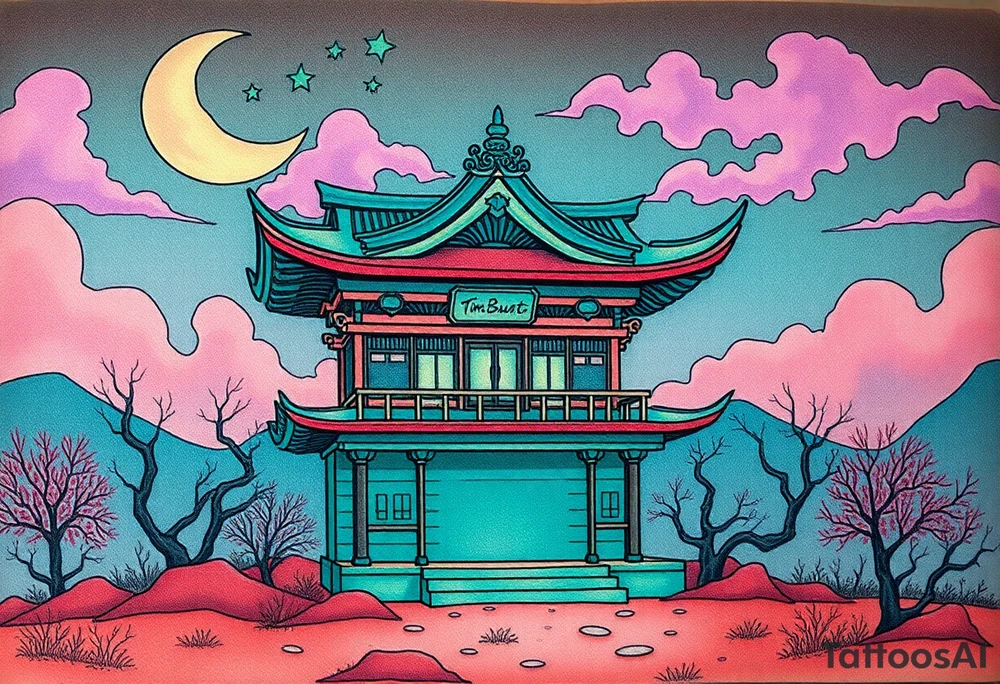 Tim Burton’s haunted pastel Tokyo shrine is abandoned and dripping with muted reds, dusty pinks, and eerie green glow.purple and cyan smokey clouds swirl in the crescent moonlit sky thats sprinkled with stars tattoo idea tattoo idea