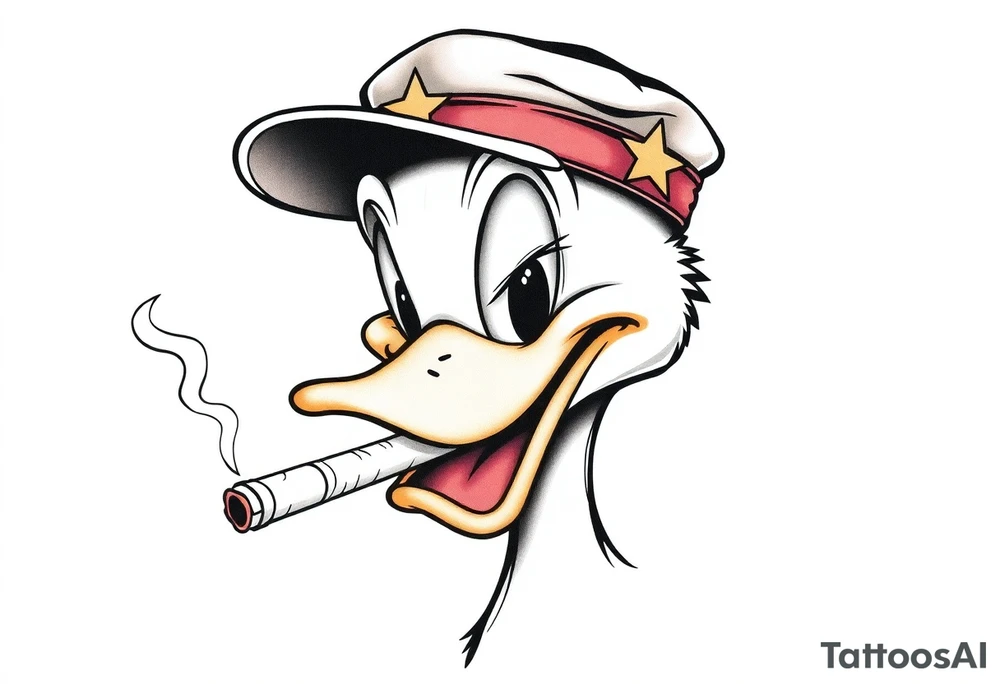 Older looking Daffy duck  smoking a rolled cigarette with a Vietnam veteran hat on and make his eyelids low and chill looking tattoo idea