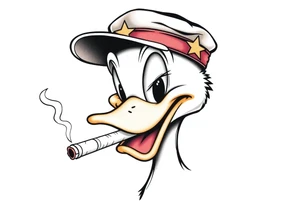 Older looking Daffy duck  smoking a rolled cigarette with a Vietnam veteran hat on and make his eyelids low and chill looking tattoo idea