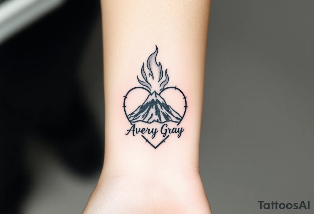 Female Geometric Volcano tattoo erupting in a heart with text Avery Gray on wrist tattoo idea