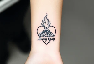 Female Geometric Volcano tattoo erupting in a heart with text Avery Gray on wrist tattoo idea