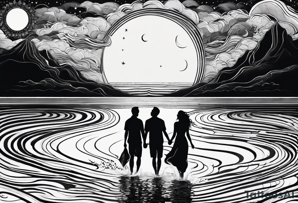 Silouhette of two people on beach water with moon tattoo idea