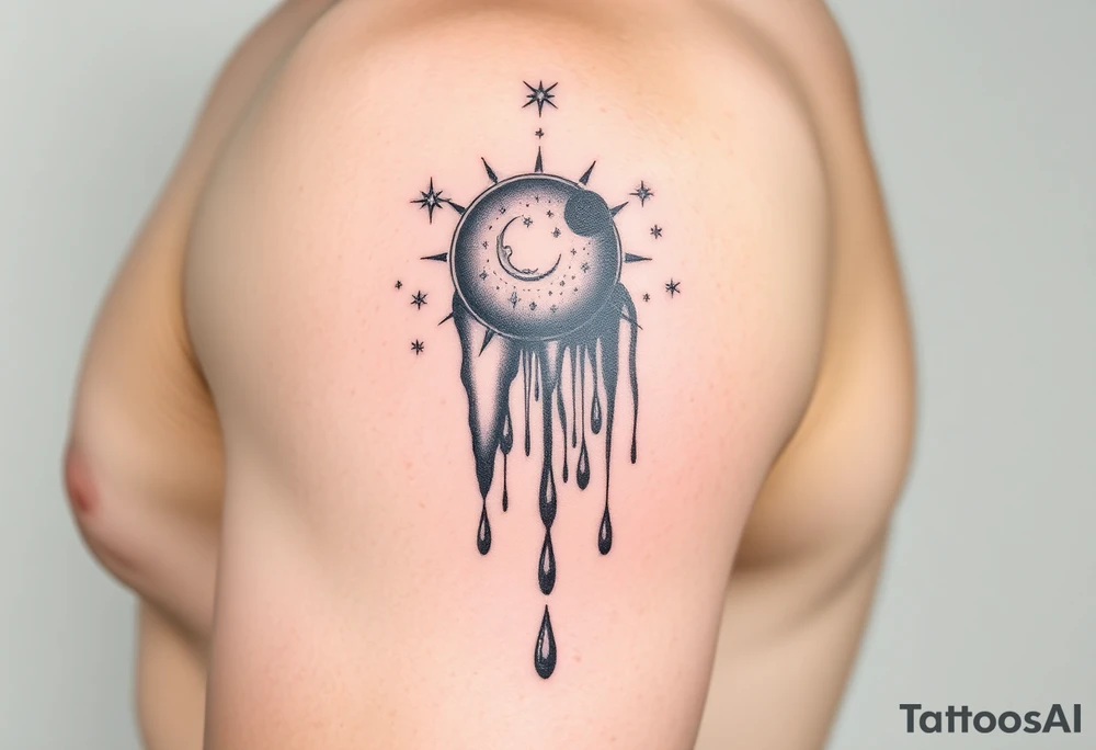 A solar system with the stars falling into a waterfall and turning into rain drops tattoo idea