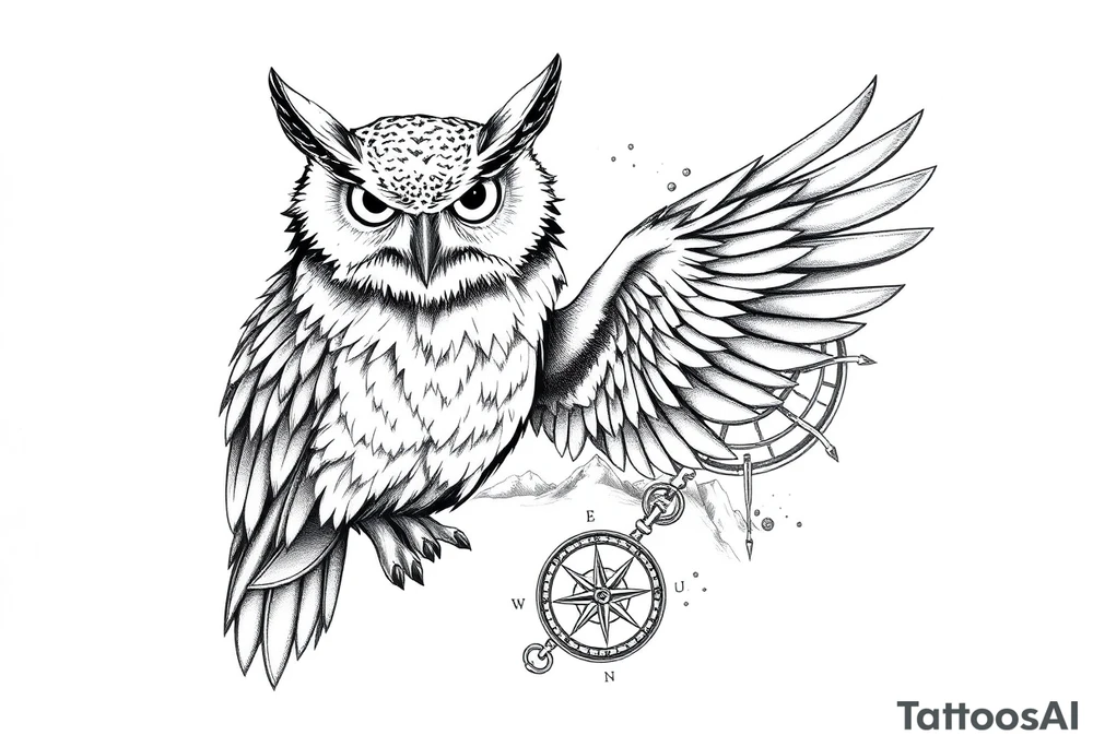 an owl,a compass,landscape. tattoo idea