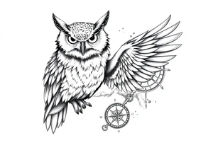 an owl,a compass,landscape. tattoo idea