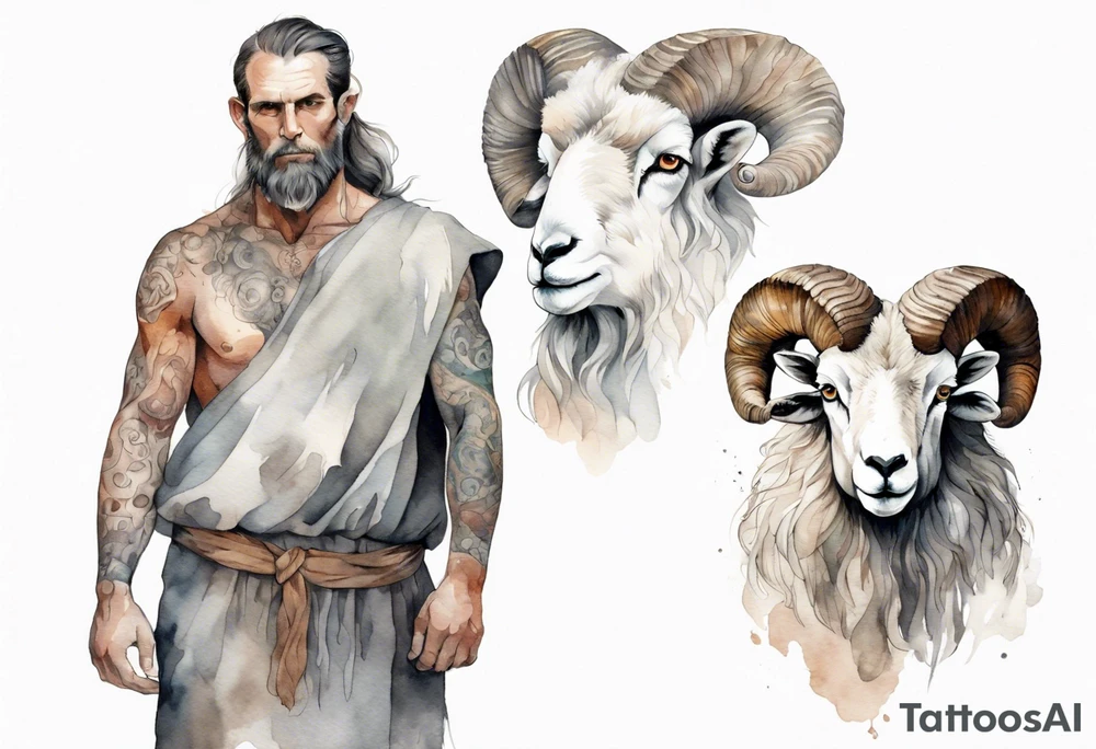 a broad-shouldered man with the head of a big-horned sheep, wearing a grey tunic standing before a cave tattoo idea