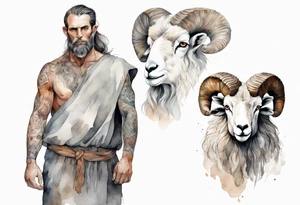 a broad-shouldered man with the head of a big-horned sheep, wearing a grey tunic standing before a cave tattoo idea