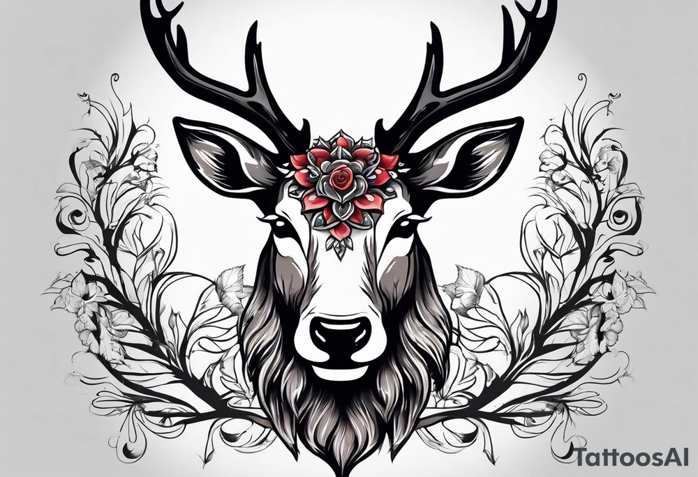 back tattoo of a front view reindeer with half the face as a skull tattoo idea