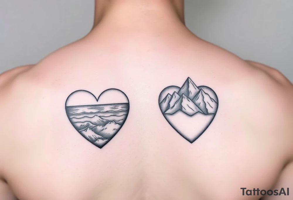 Two of the same hearts one containing an ocean and one containing mountains tattoo idea