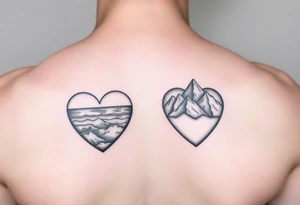 Two of the same hearts one containing an ocean and one containing mountains tattoo idea