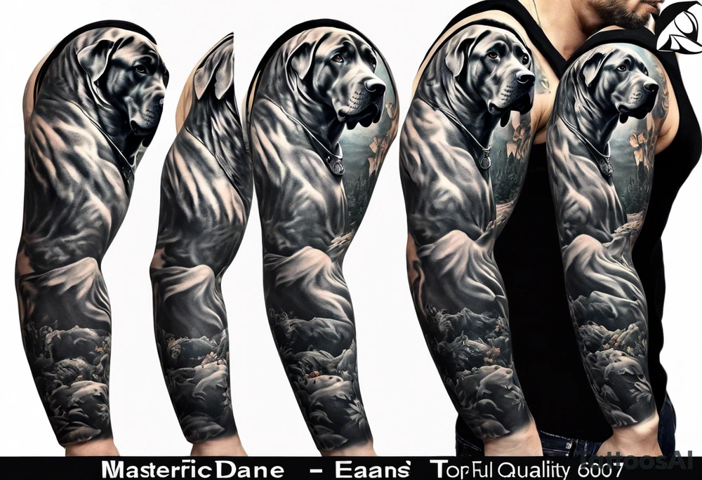 Full arm sleeve. Four Great Danes together exploring waterfall tattoo idea