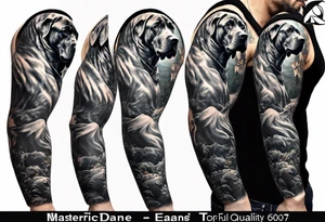 Full arm sleeve. Four Great Danes together exploring waterfall tattoo idea