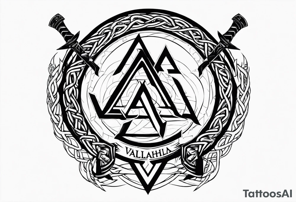 Valhalla sword shield axe barbed wire chains valknut tattoo idea