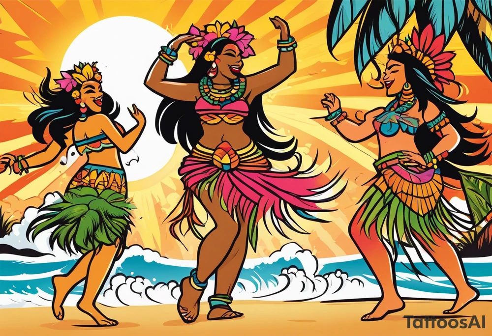 dancing tiki gods with sexy hula women having a dance part on the beach with a sunset in the center of the image with tiki gods tattoo idea