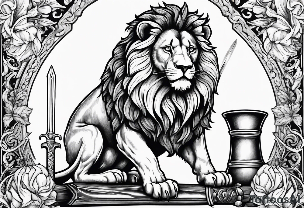 Classic heraldry lion holding a sword and a science beaker tattoo idea