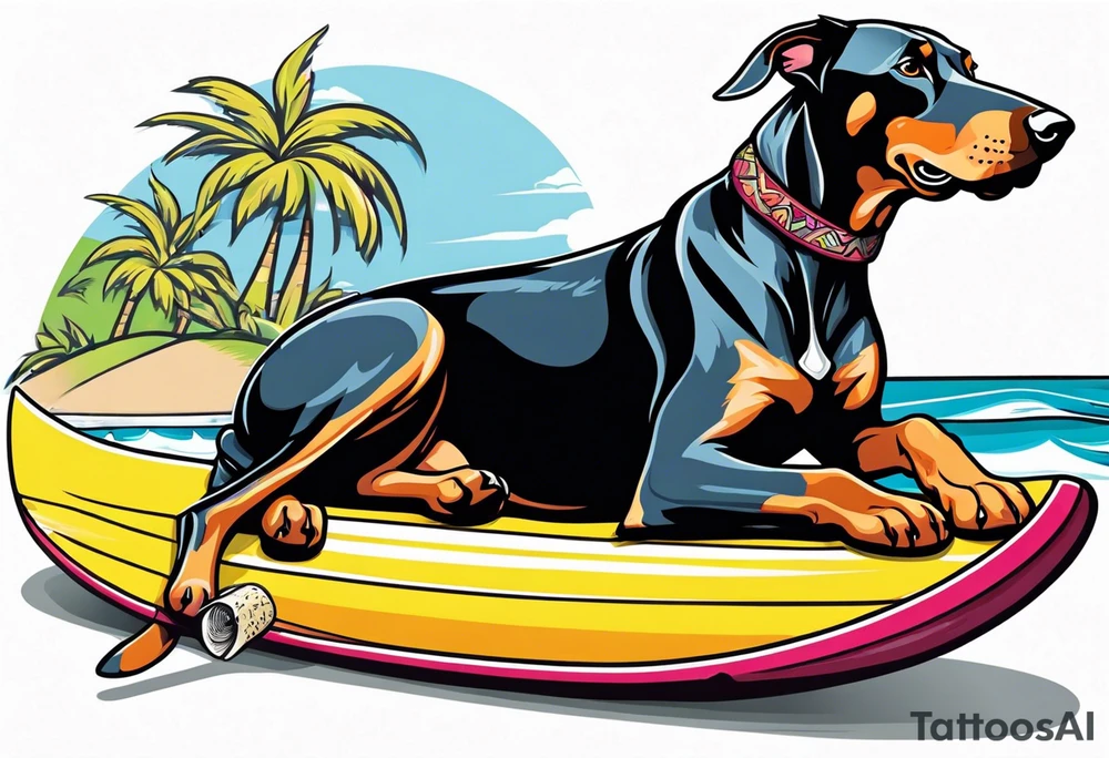 doberman smoking a cigar on a surfboard tattoo idea