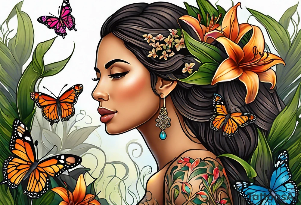 Portrait full length of Hispanic wood nymph made or bark and branches standing upright.  Butterflies in background. Lillies near her feet with colorful vegetation. tattoo idea