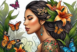 Portrait full length of Hispanic wood nymph made or bark and branches standing upright.  Butterflies in background. Lillies near her feet with colorful vegetation. tattoo idea