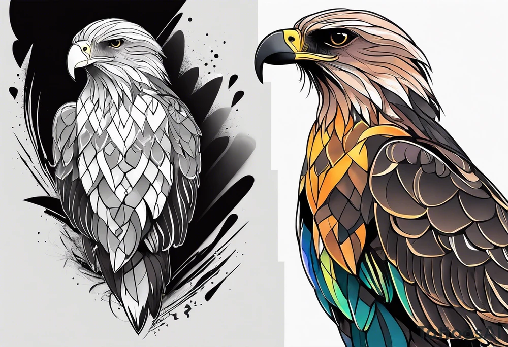 I want a tattoo for my daughter, her name is Daya which means black kite. I also love natur and I'm a climate change activist. Make the black kite soft, little more child like. For small tattoo. Lass details. Add climate element's. Colorfull and happy tattoo idea