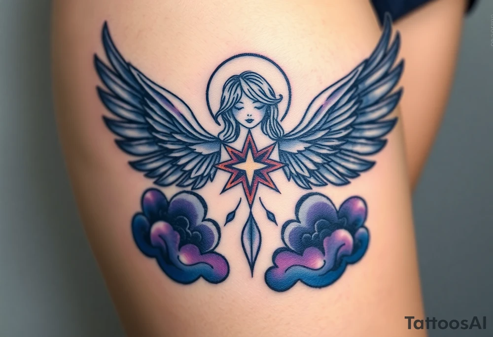 A celestial angel with dark wings and a radiant star in the center of its chest, surrounded by clouds of dark blue and deep purple. tattoo idea