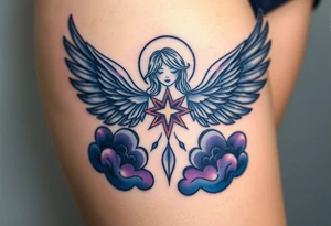 A celestial angel with dark wings and a radiant star in the center of its chest, surrounded by clouds of dark blue and deep purple. tattoo idea
