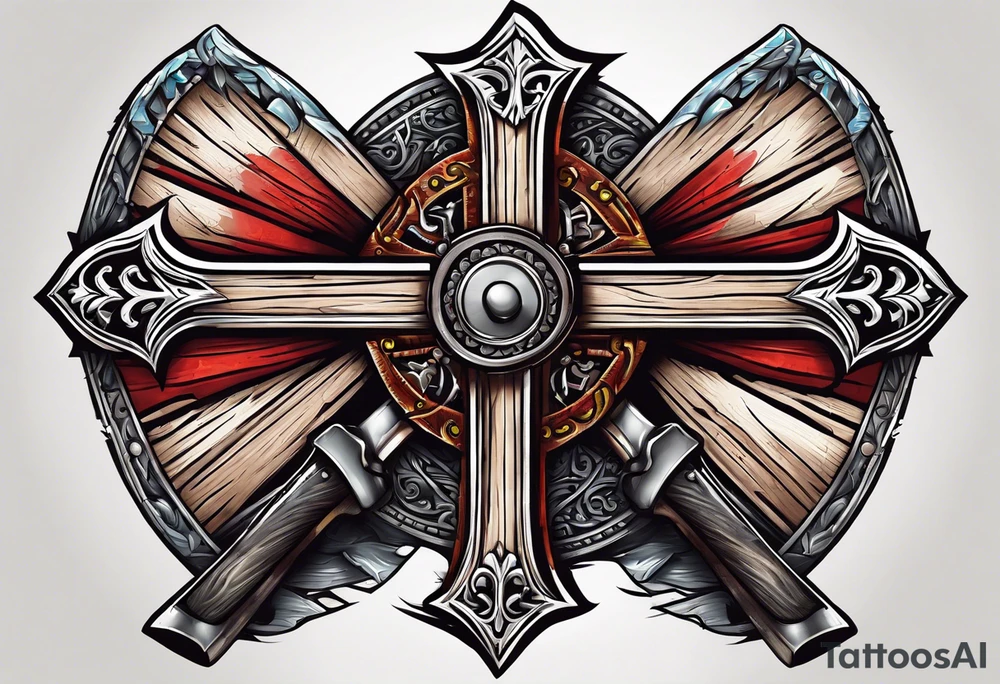 wooden cross with a cross cut saw and double bitted axe crossed over it tattoo idea