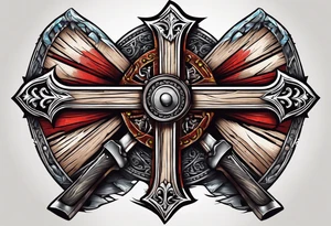wooden cross with a cross cut saw and double bitted axe crossed over it tattoo idea