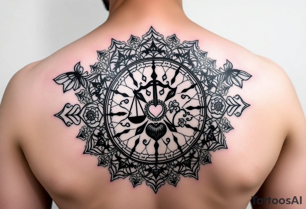 1. The Story Mandala
	•	A circular mandala design spreading across the shoulder.
	•	Each ring or quadrant holds a symbol of you:
	•	Geisha (Japan + your back tattoo tie-in).
	•	Rose (favorite flower, vibration/energy).
	•	Scales with a heart + key (finance, love, duality).
	•	World map silhouette (travel and global perspective).
 
On the shoulder tattoo idea